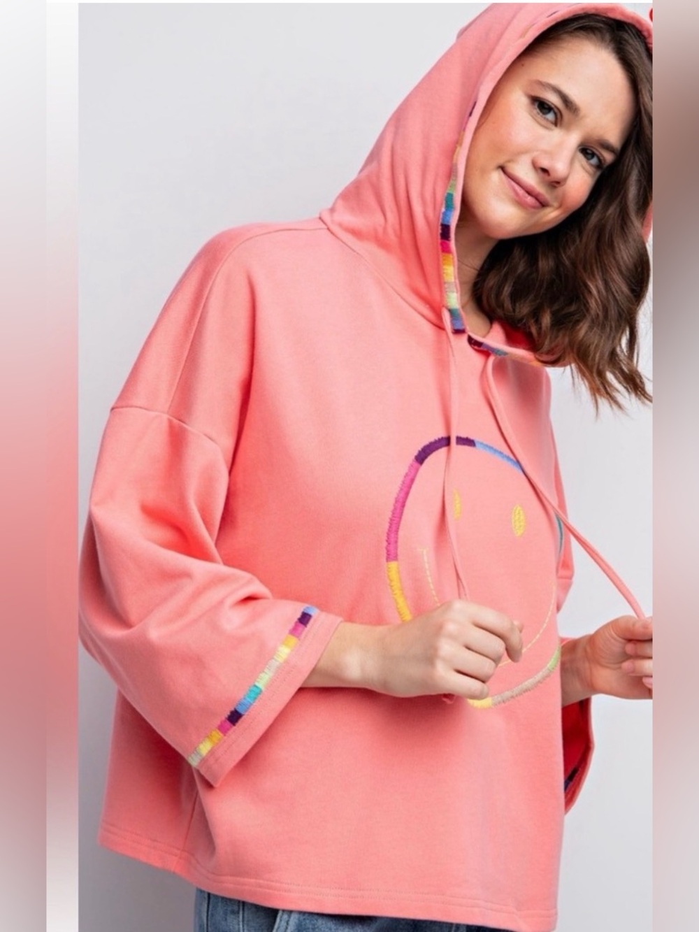Coral Pink Easel Hoodie with Rainbow Trim and Smiley